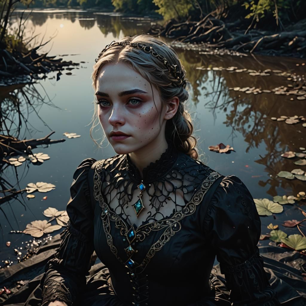 Eerie Gothic Portrait with Dark River