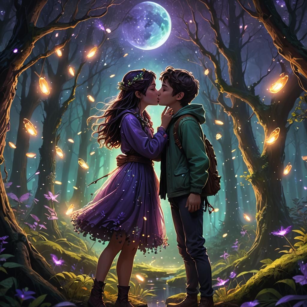 Whimsical Moonlit Forest Romance in Vibrant Digital Art