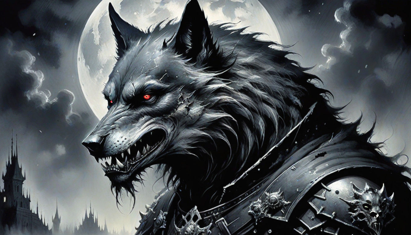 Monstrous Vampiric Wolf in Dark Charcoal Grey and Black Port...