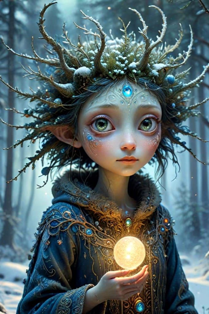 Ethereal Alien Goddess in Art Nouveau Attire Amidst Snowy Or...