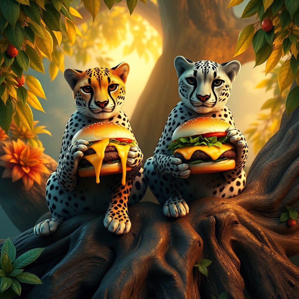 Whimsical Cheetahs Savor Golden Cheeseburgers Amidst Ancient...