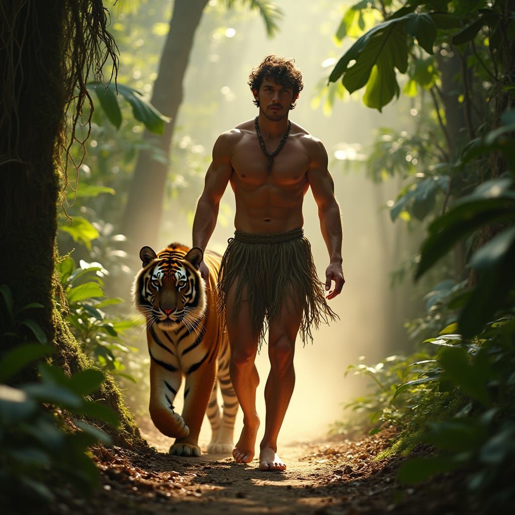 Jungle Man and Tiger in Hyperrealistic Style