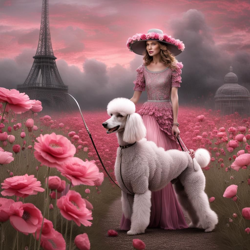 Woman Walking Poodle Among Pink Poppy Flowers