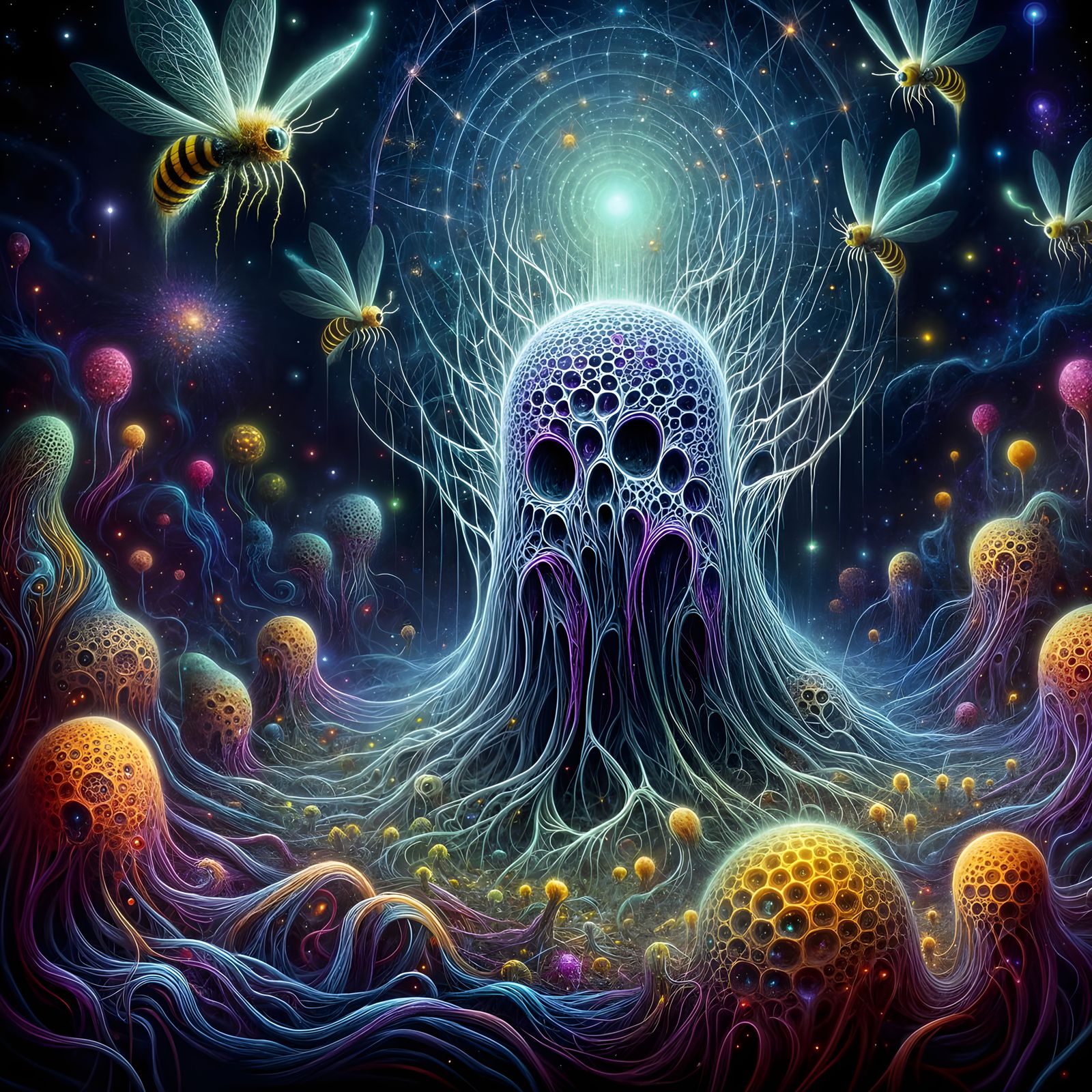 Cosmic Fungus Entity in a Dark Surrealist Landscape