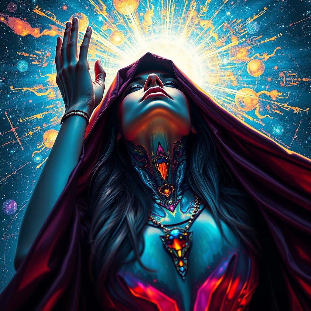 Psychedelic Woman Worshiping Cosmic Universe in Street Art S...