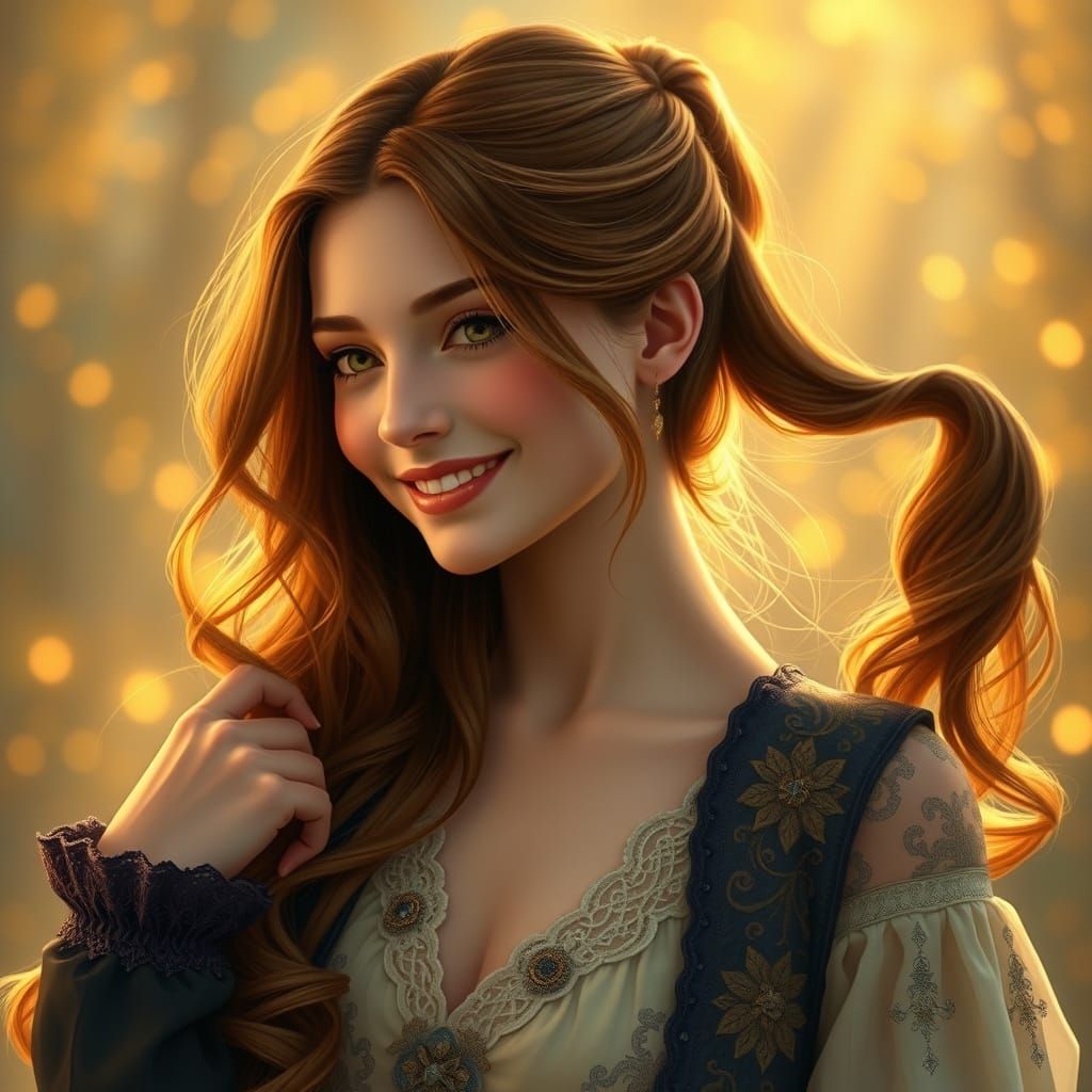 Elegant Woman Unveils Vibrant Hair in Soft Golden Light