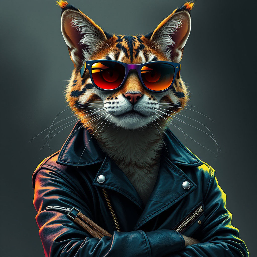 Cool Cat in Leather Jacket: Retro-Futuristic Art