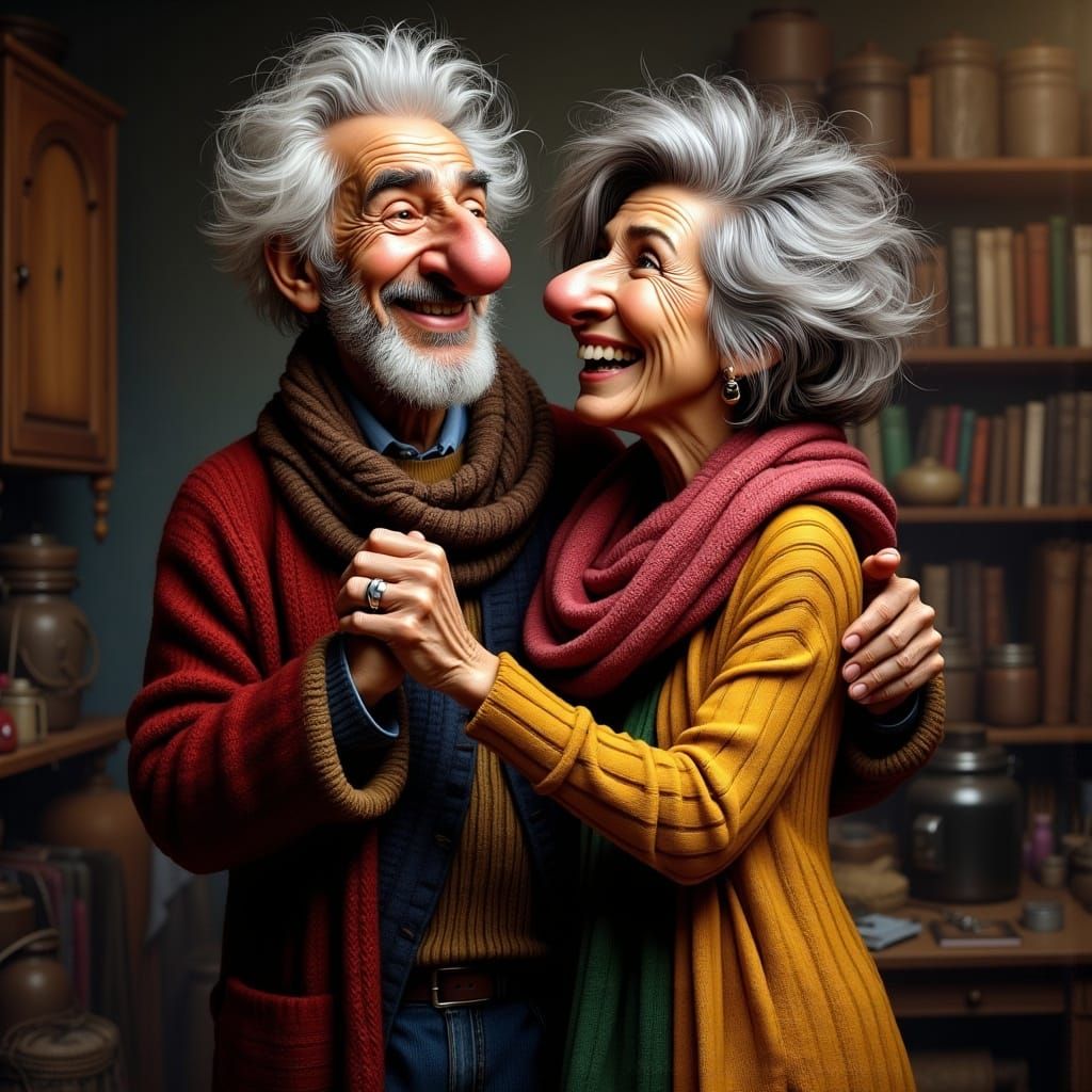 Vintage-Style Cartoon of Lovable Grandparents Dancing