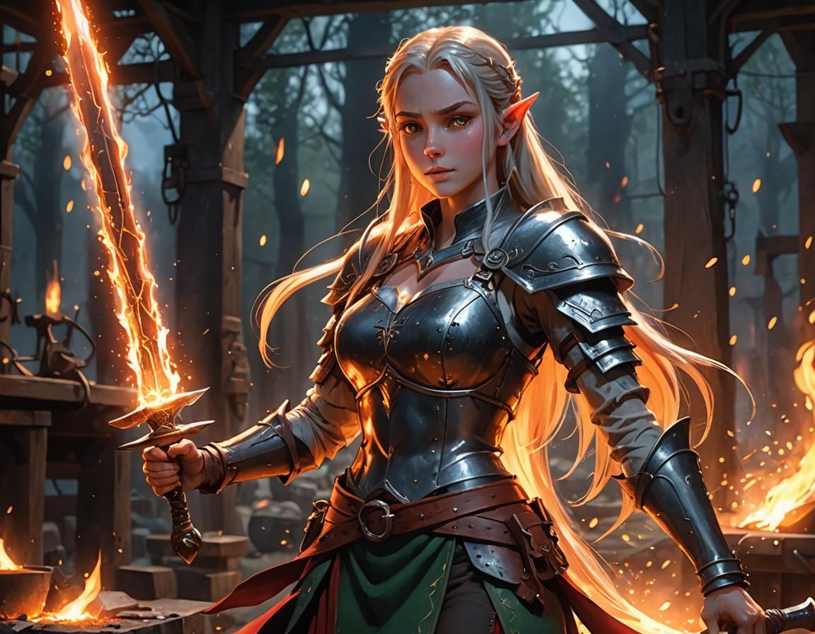 Anime Elf Blacksmith Forging a Fiery Sword