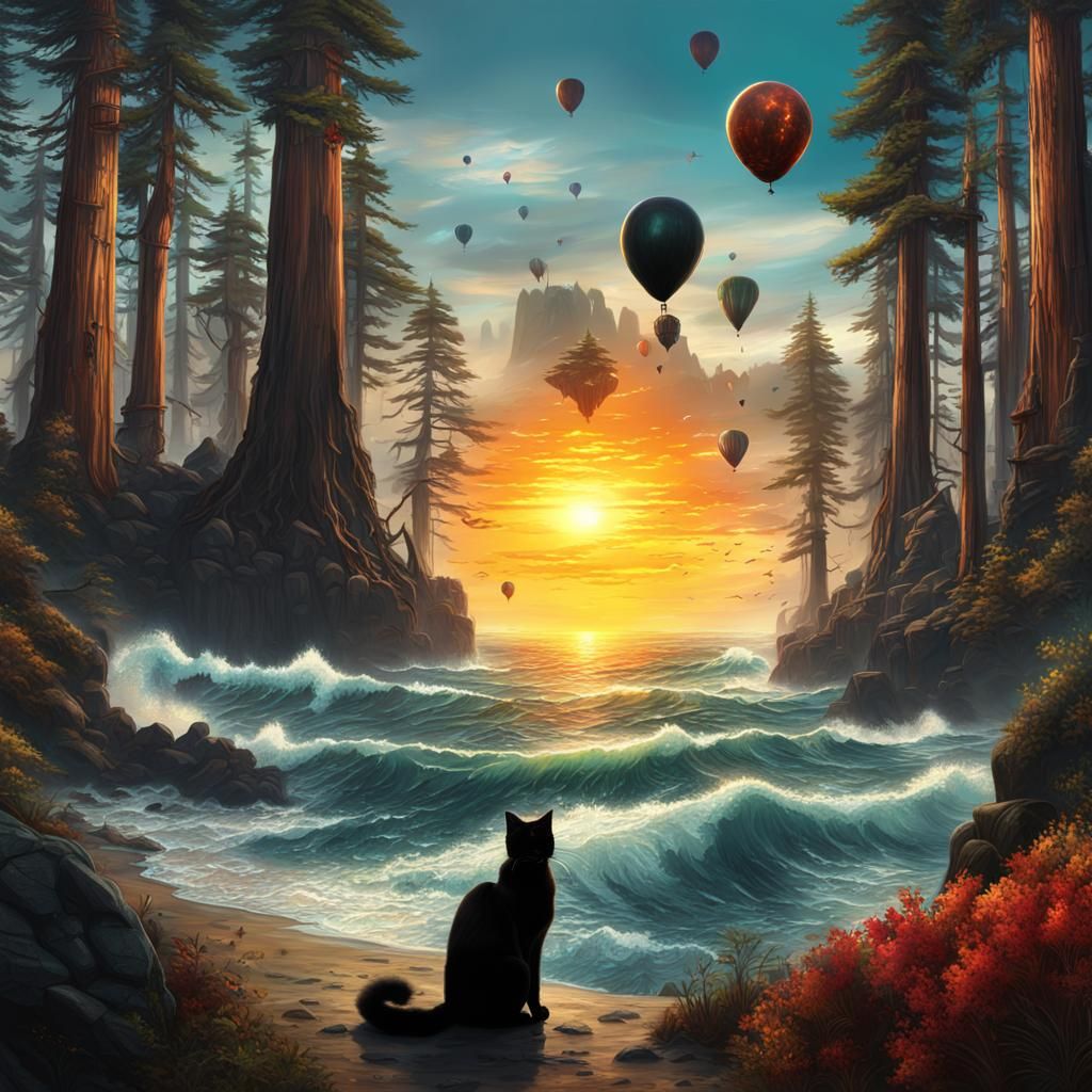 Epic Landscape with Witches, Cat, and Balloons