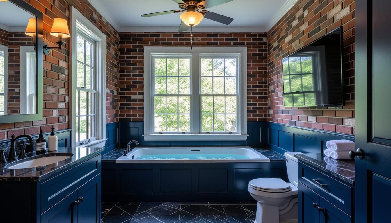 Victorian Dark Blue Bathroom with Brick Accents