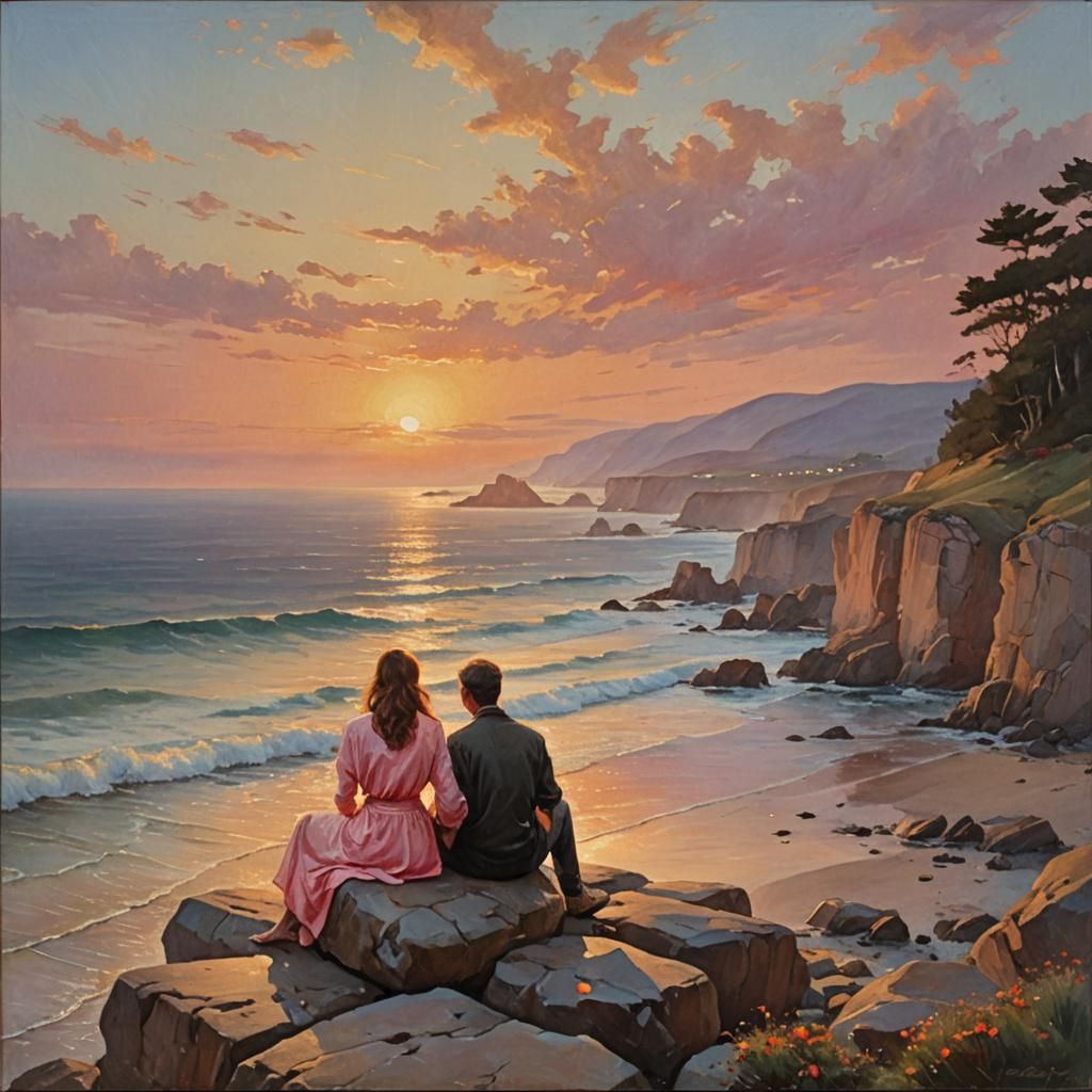 Romantic Seaside Sunset Oil Painting