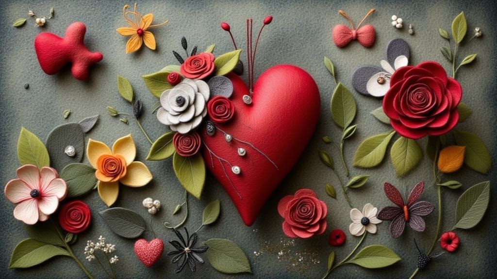 Felt Hearts with Wings in Woolen Fiber Art