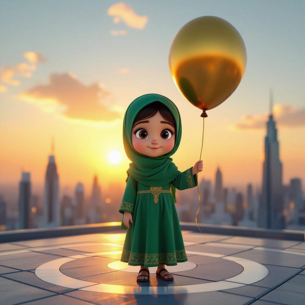 Cute Muslim Girl With Golden Balloon on Skyscraper Rooftop