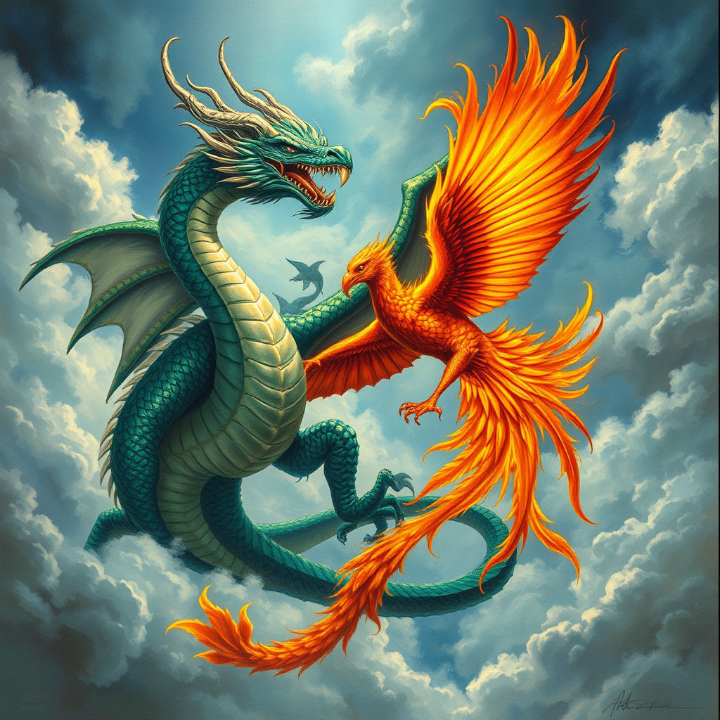 Majestic Dragon and Phoenix in Mythical Scene