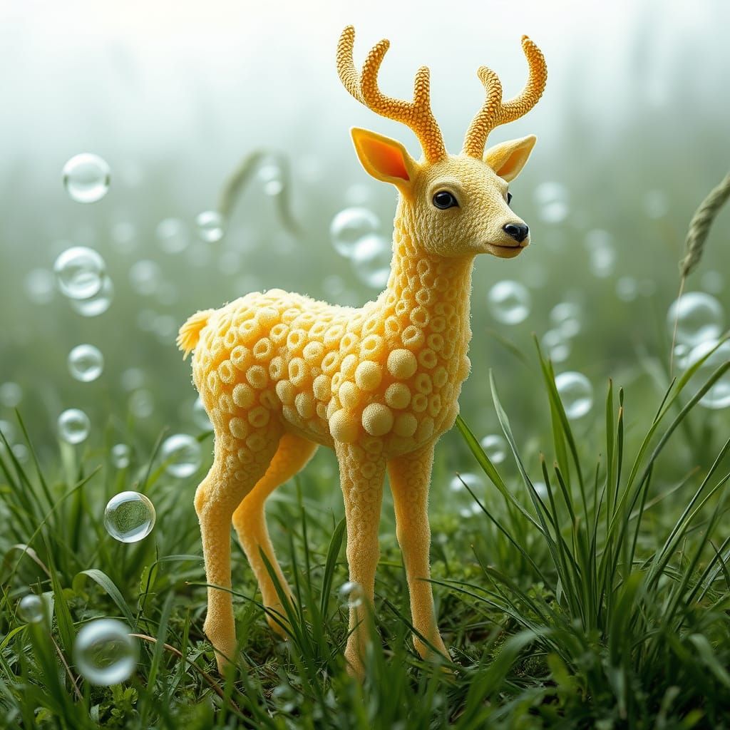 a sponge deer standing in the grass, huge bubbles, honeycomb, skin pore detail, intricate pasta waves, fine texture stru...
