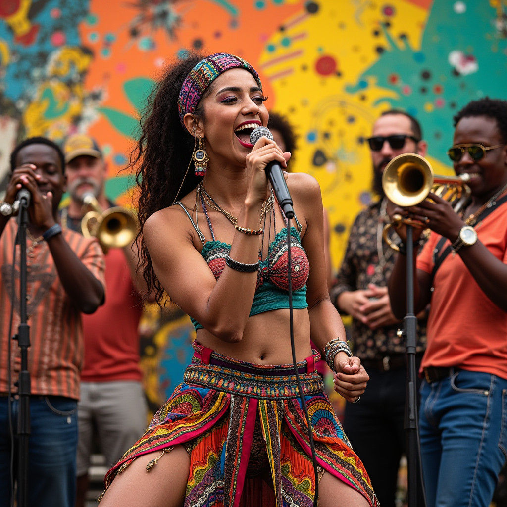 Vibrant Female Singer on Stage with Colorful Brass Band