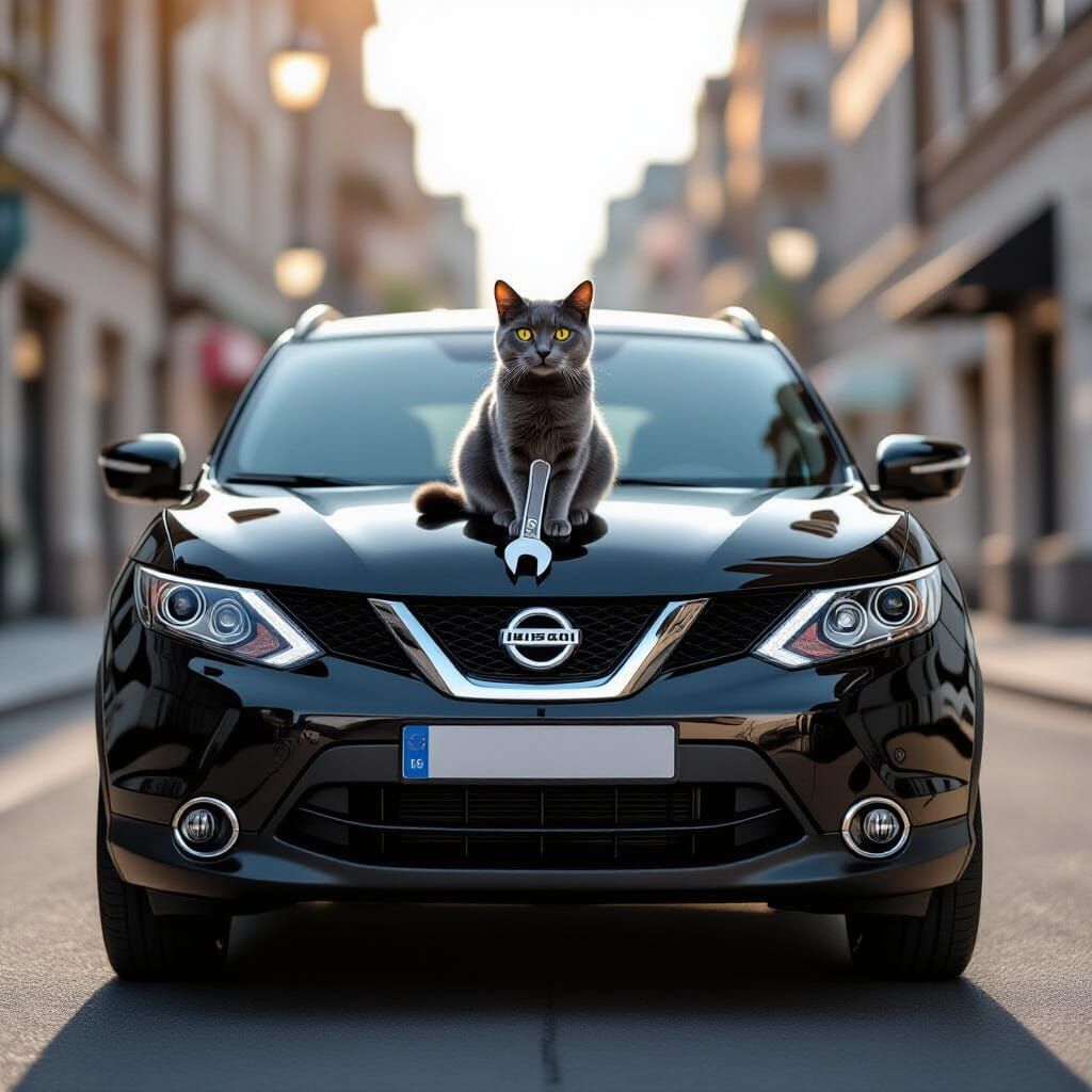 Black Nissan Qashqai With Cat Holding Wrench