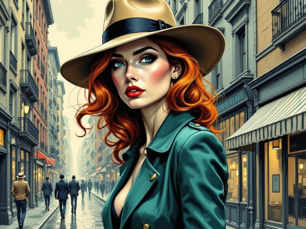Sultry Femme Fatale Strolls Rainy Streets in Noir Comic Styl...