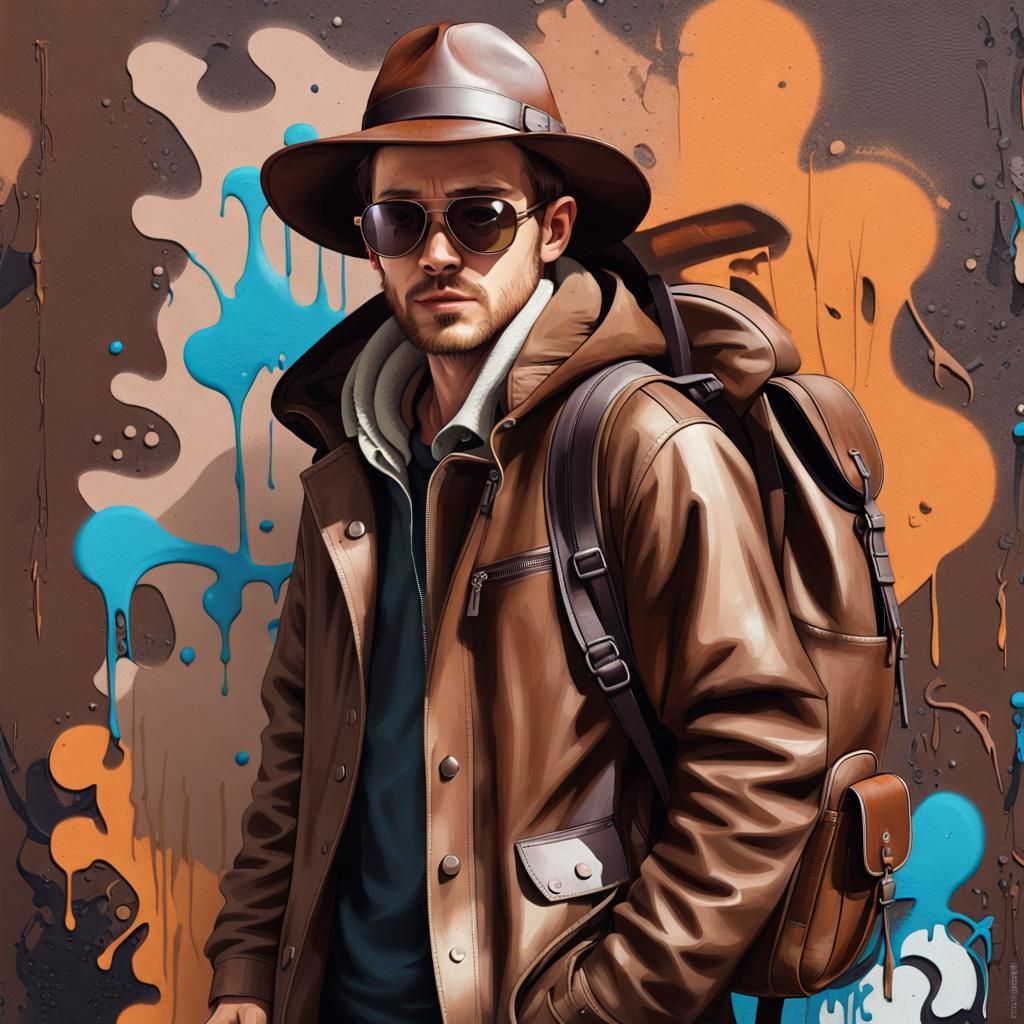 Explorer in Graffiti Art Style with Leather Gear