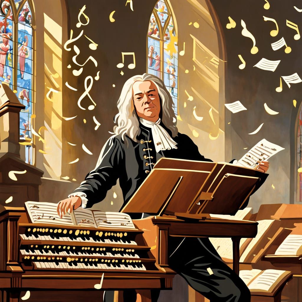 Johann Sebastian Bach playing an organ in a German Protestan...