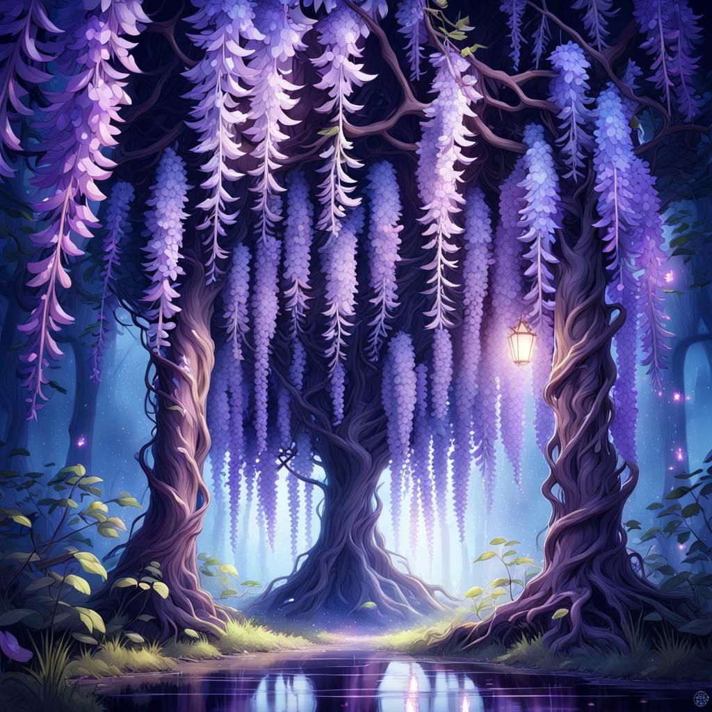 Celestial Wisteria Tree in a Dark Forest