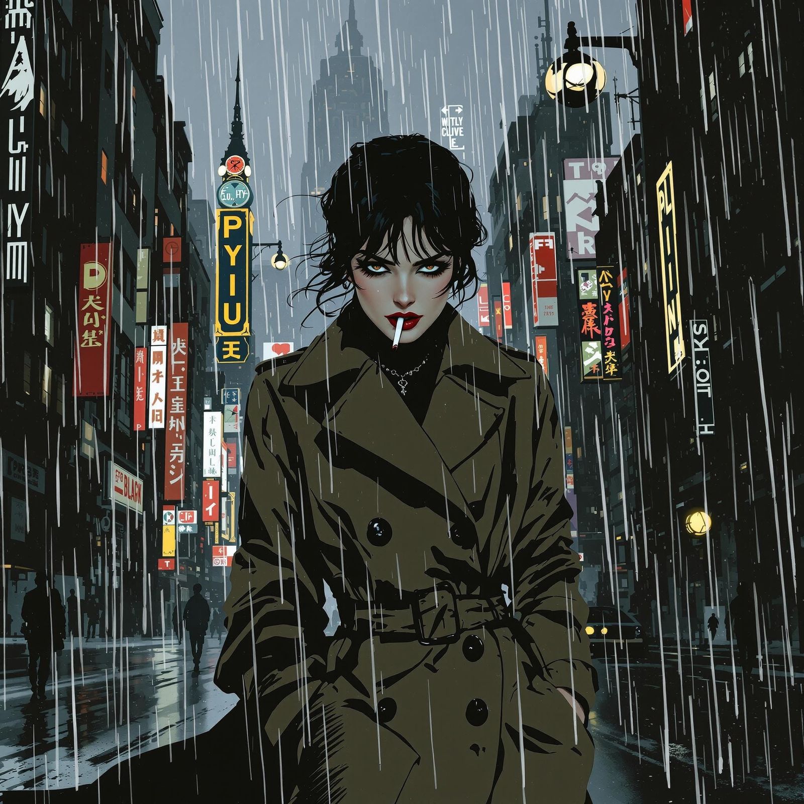 Femme Fatale in Dystopian City, Comic Book Style