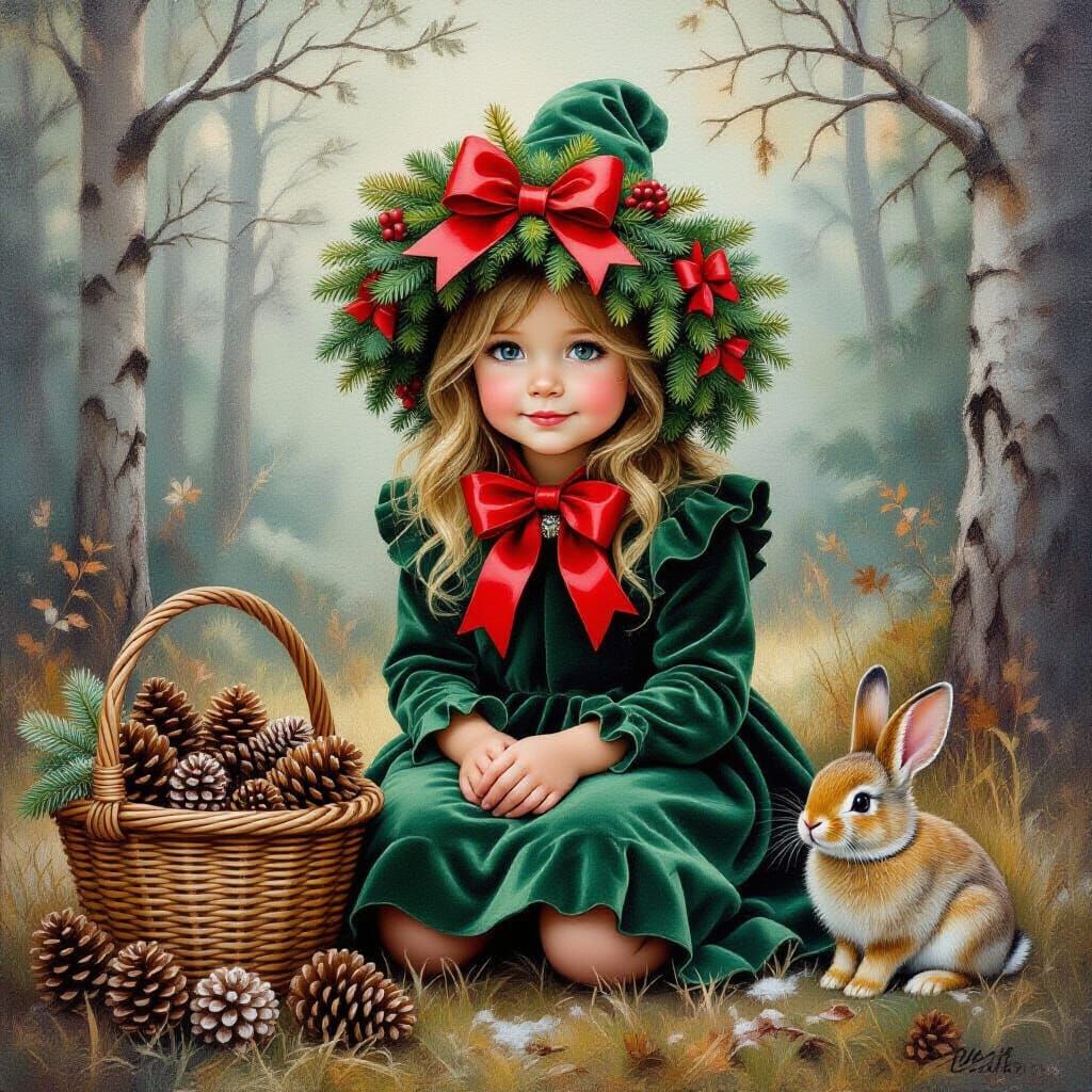 Girl in Forest Collecting Pine Cones as Oil Painting