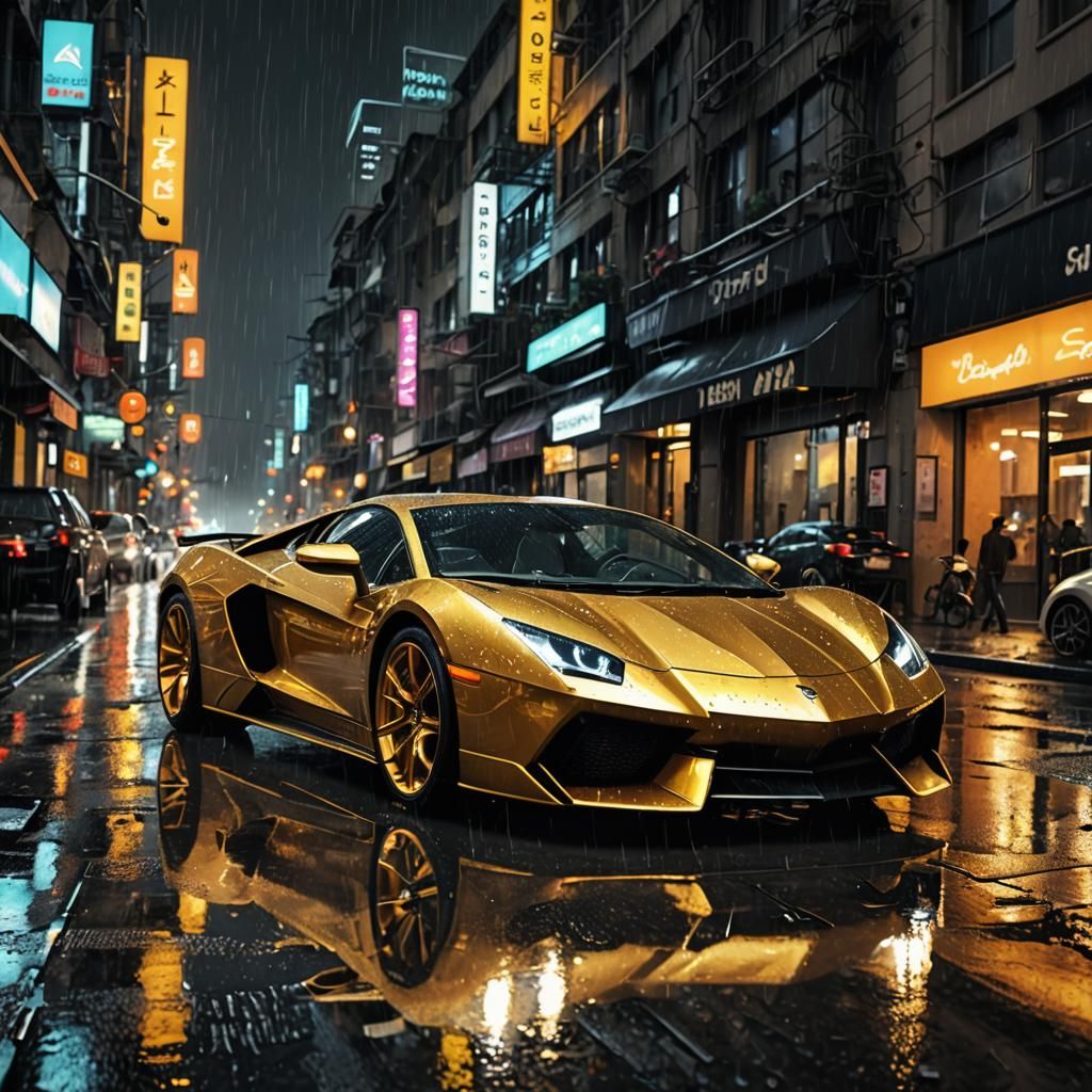 Golden Supercar Speeding Through Rainy Neo-Noir City
