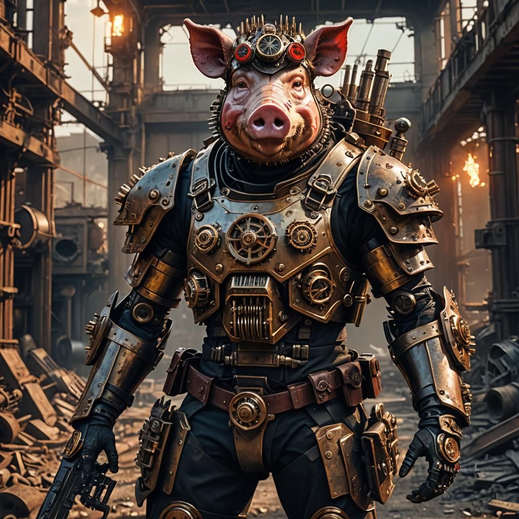 Steampunk Pig Warrior in Ruined Industrial Setting