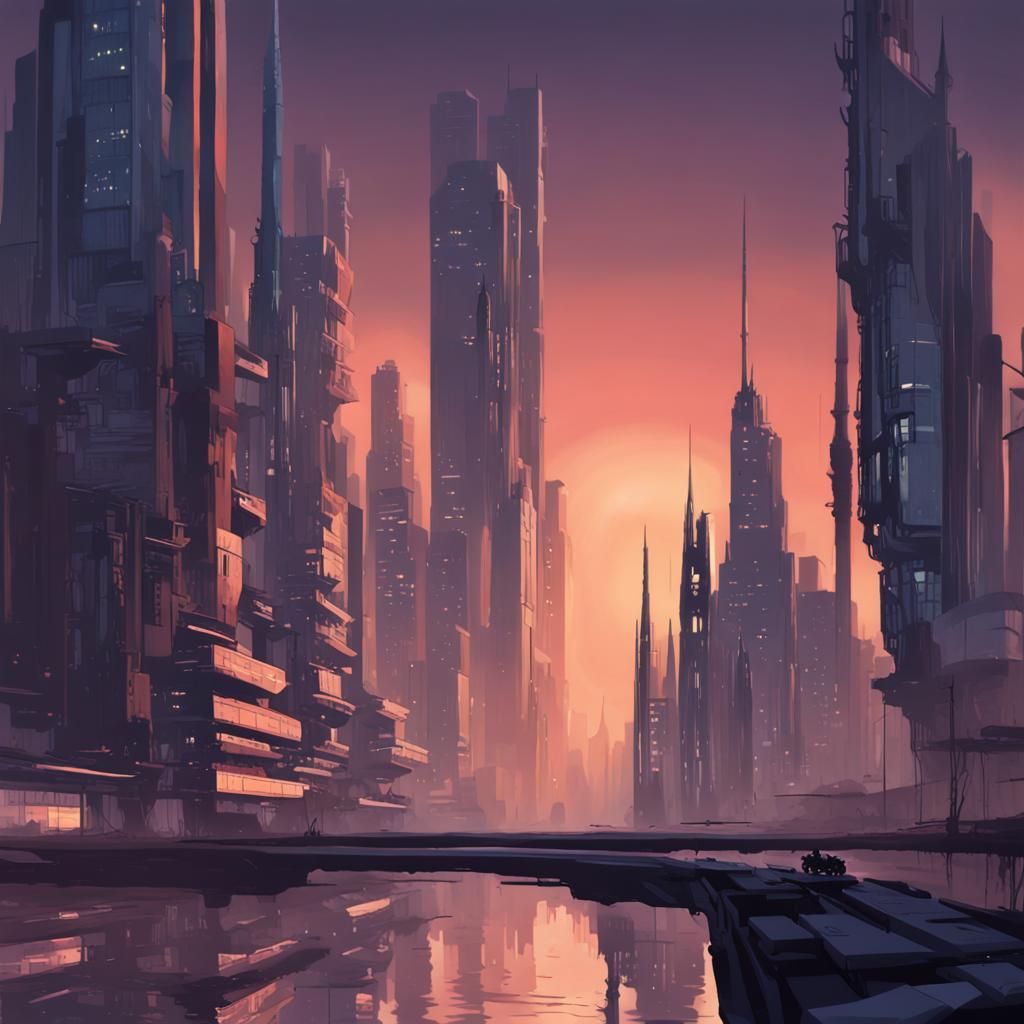 Futuristic Cityscape at Dusk in Neon Colors