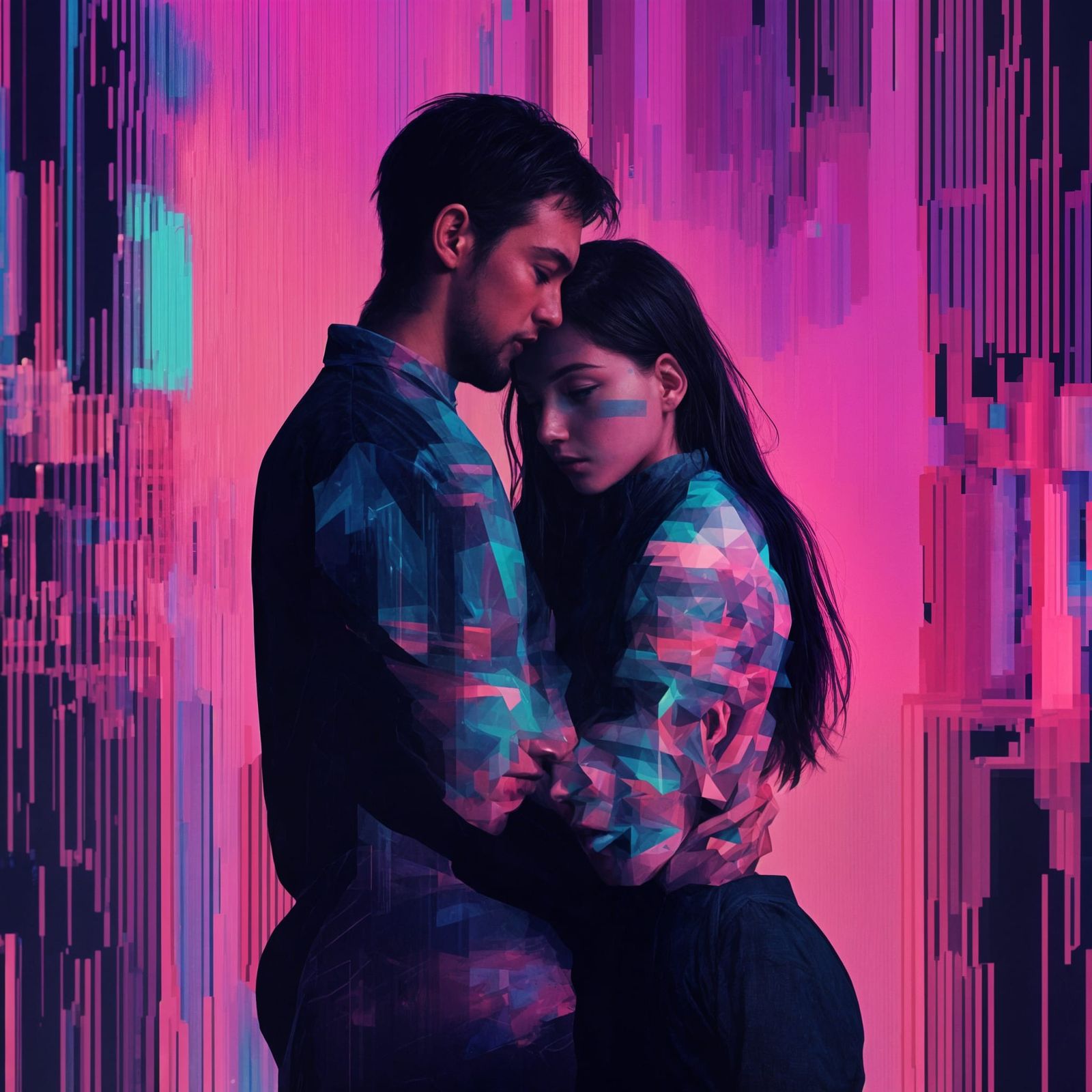 An image of a woman and man hugging  each other with a compu...