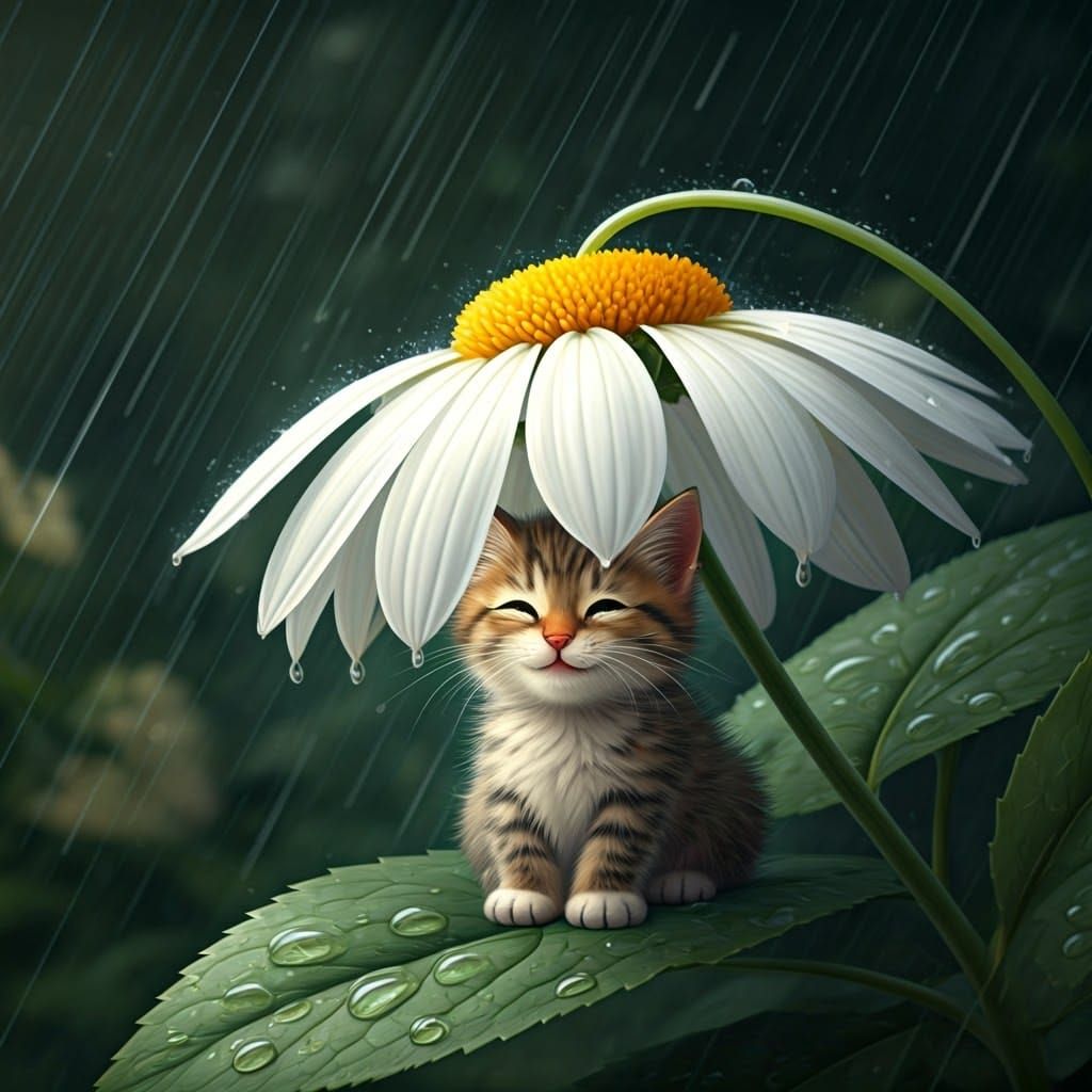Whimsical Kitten Under Flower Canopy