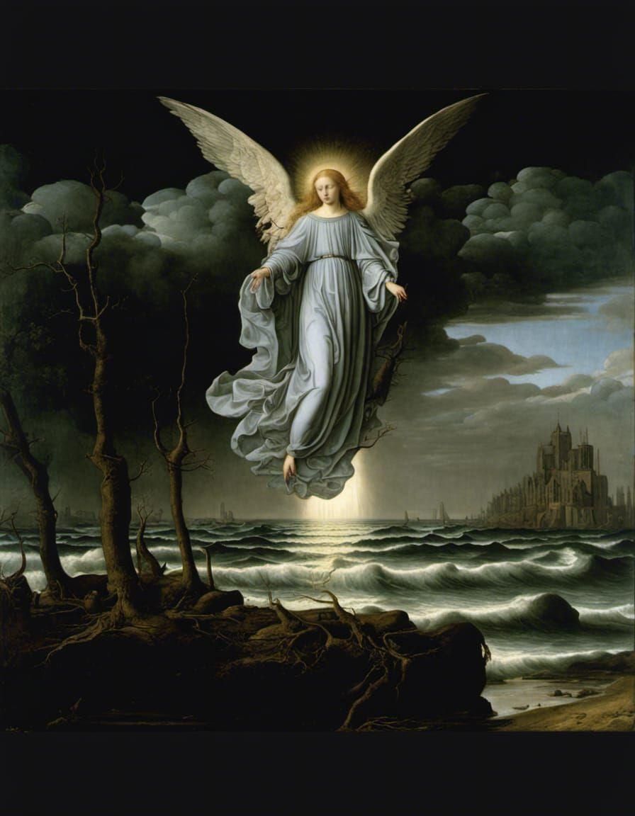 Angelic Watch Over Darkness as Oil Painting