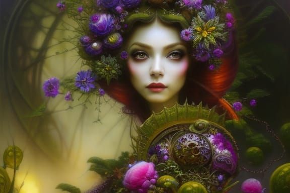 Clockpunk Stained Glass Bonsai Village in Digital Art Style