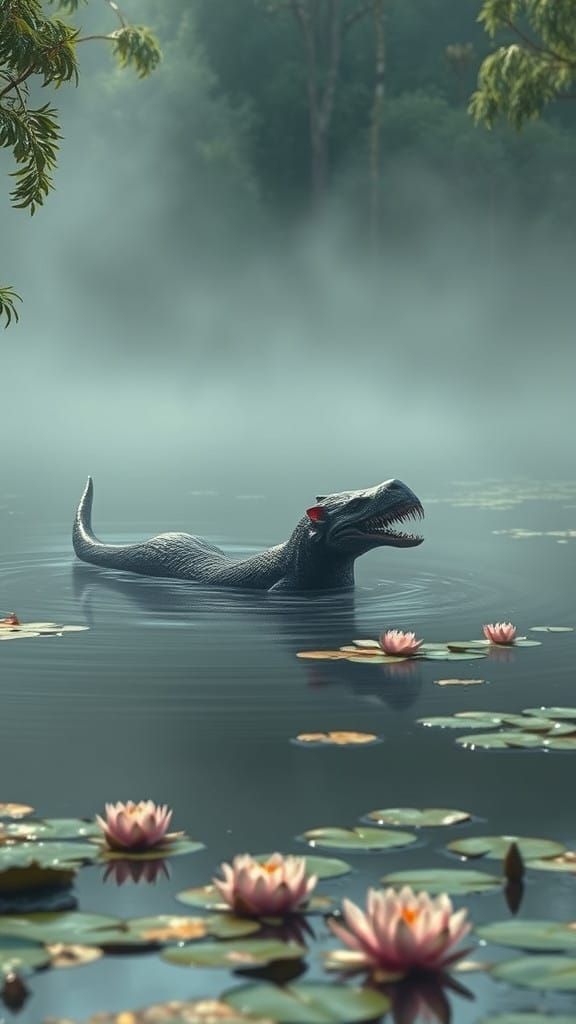 Mythical Bunyip Rises from Australian Billabong in Dreamlike...