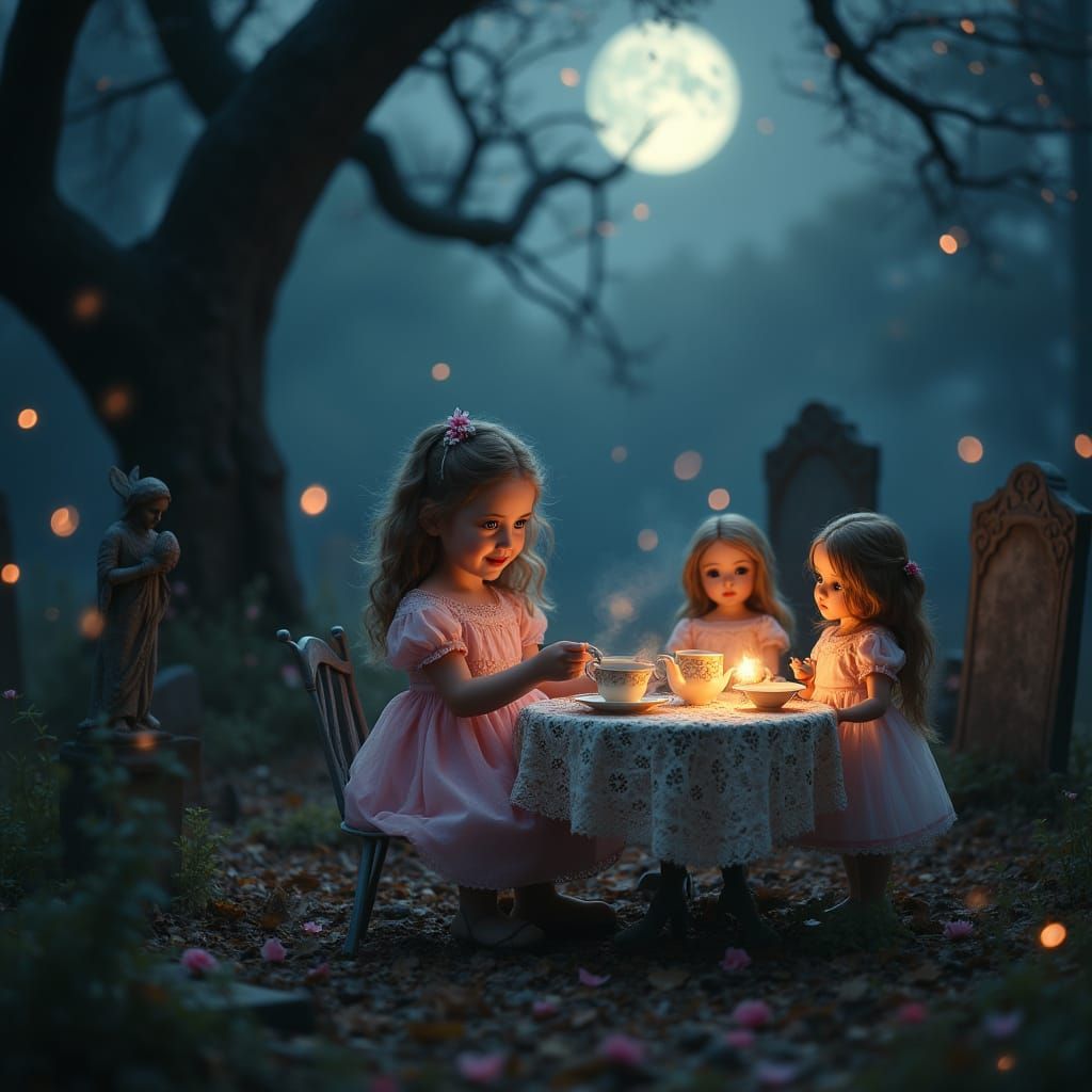 Moonlit Cemetery Tea Party with Porcelain Dolls