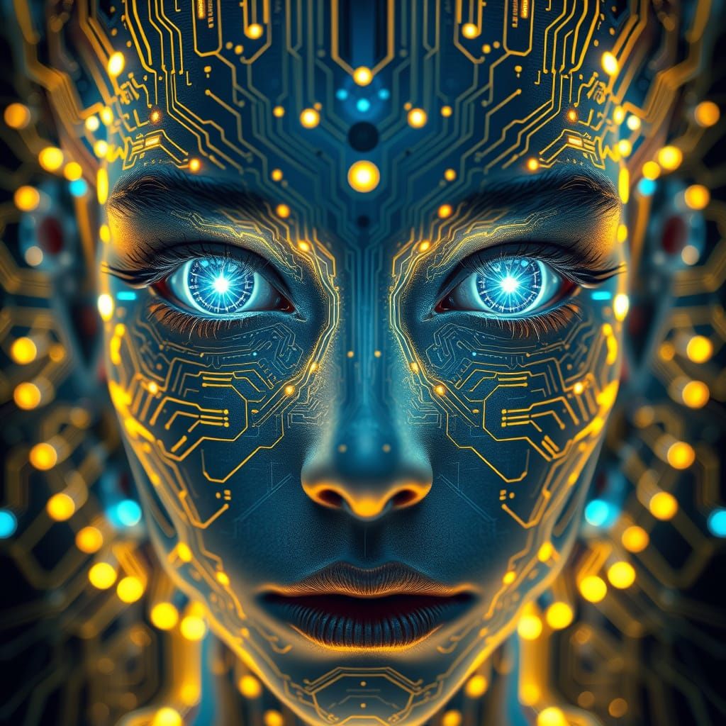 Androgynous AI Face with Circuit Patterns