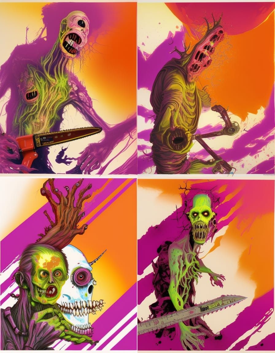 Fluorescent Eldritch Chainsaw Creature with Zombie Face