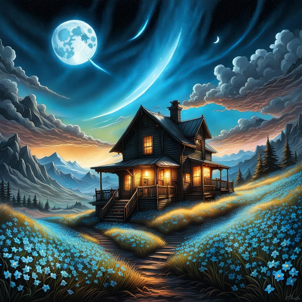 Steampunk House Amidst Shooting Stars and Flowers