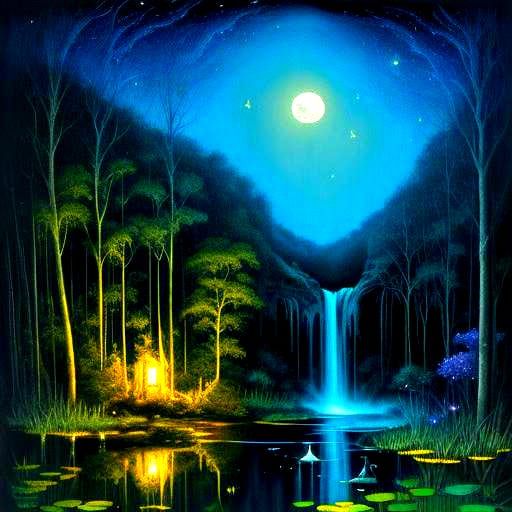 Surreal Skeleton Horse Under Moonlit Waterfall