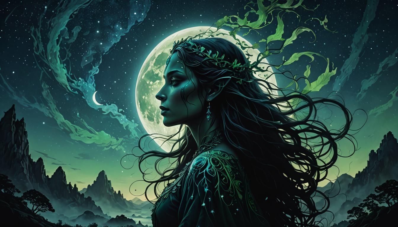 Elven Silhouette Art with Night Sky Double Exposure