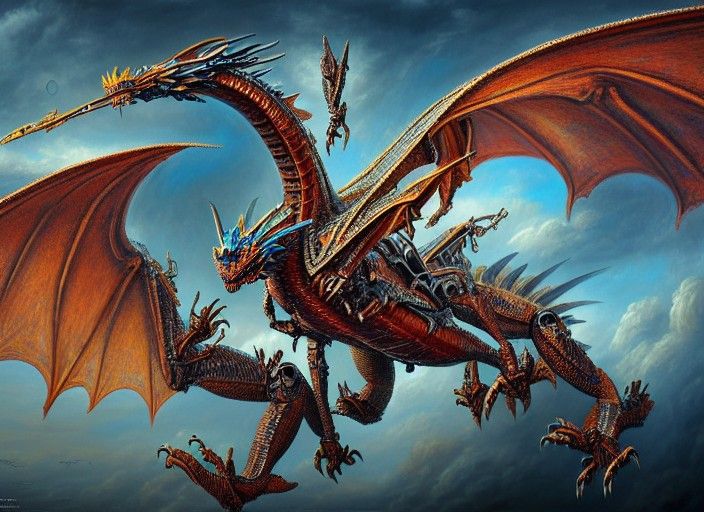 Flying Robotic Dragon in Detailed Fantasy Art