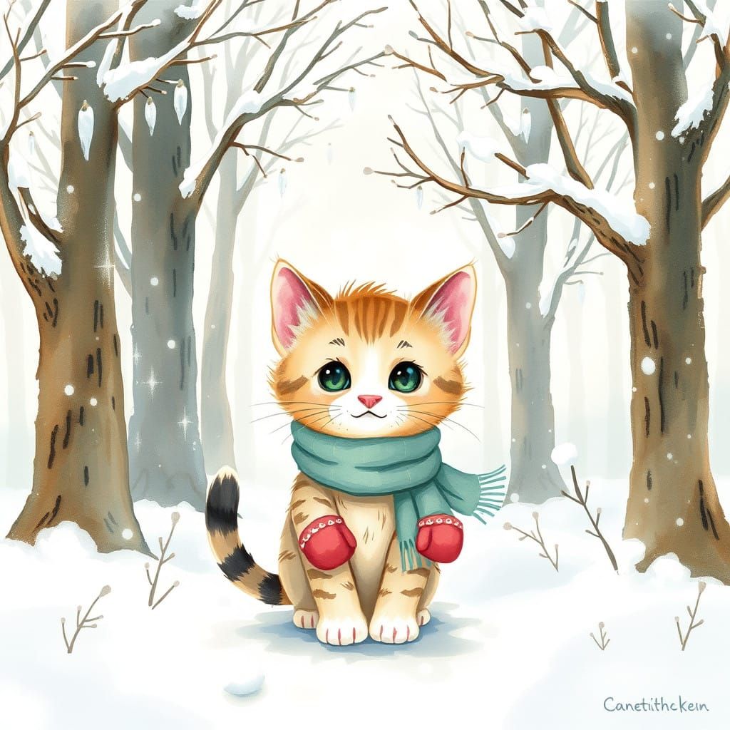 Surreal Whimsical Watercolor Forest Scene with Curious Felin...
