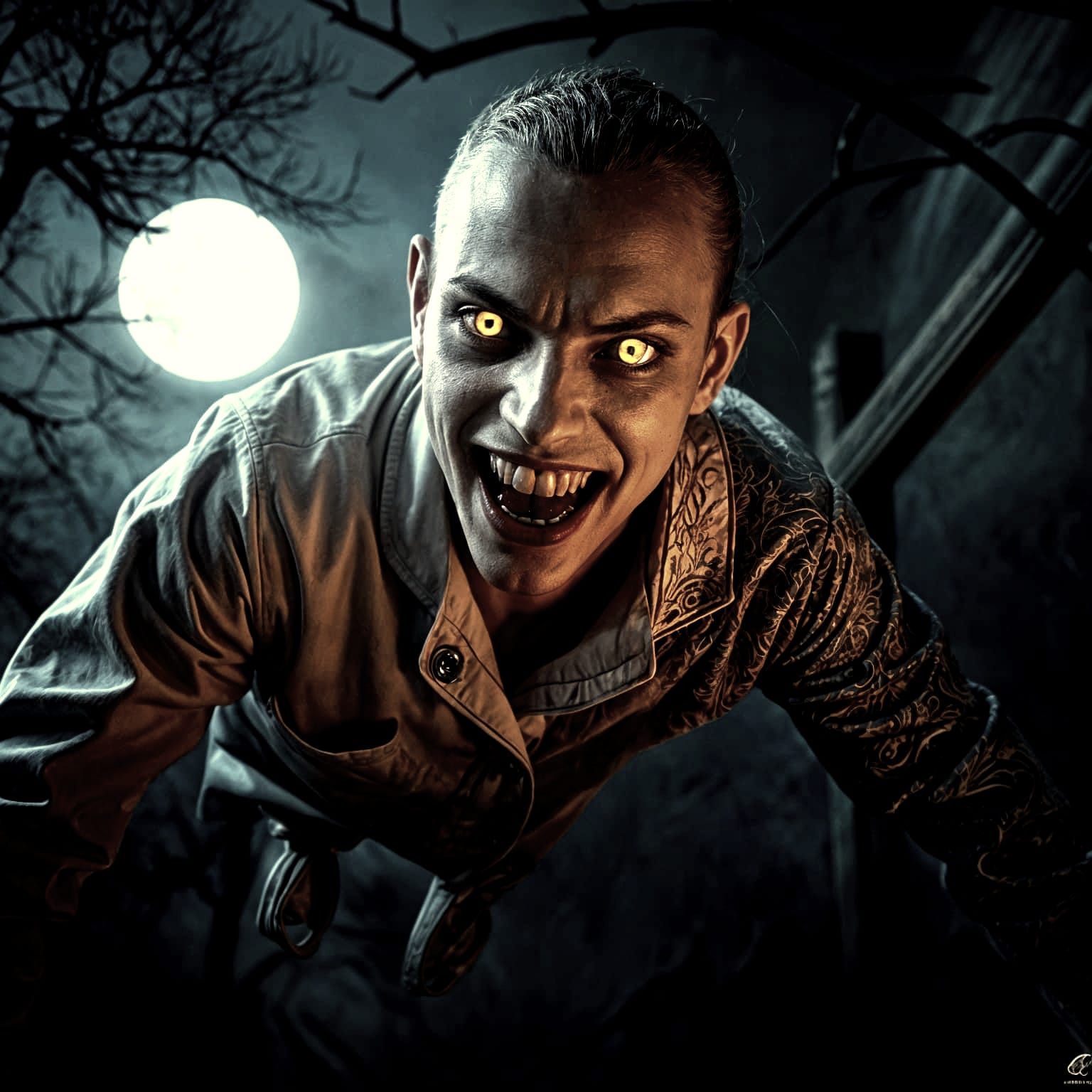 Creepy Vampire in White Pyjamas on Moonlit Night