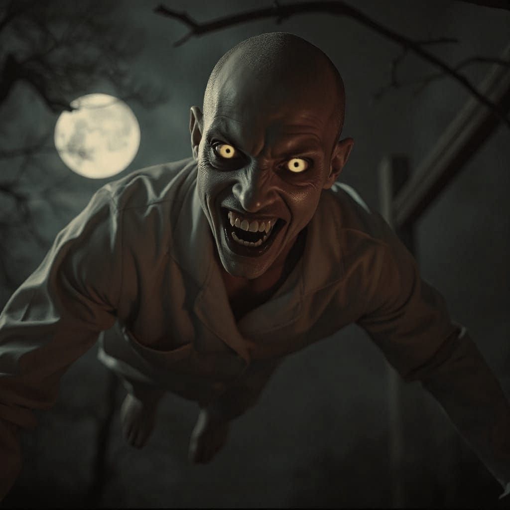 Creepy Vampire Floats on Moonlit Night: Hyperrealistic