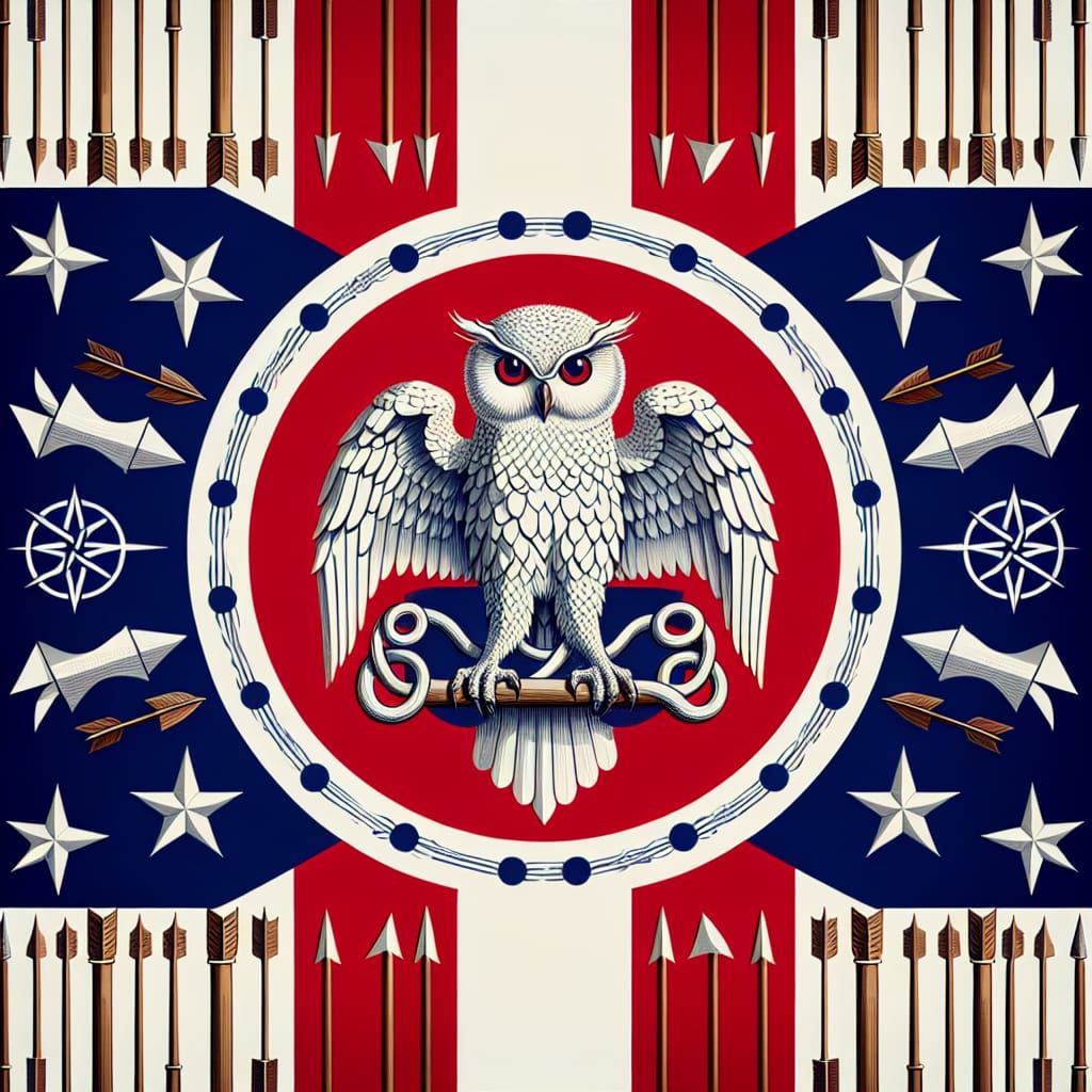 Detailed Flag Design with Owl, Stars and Arrows