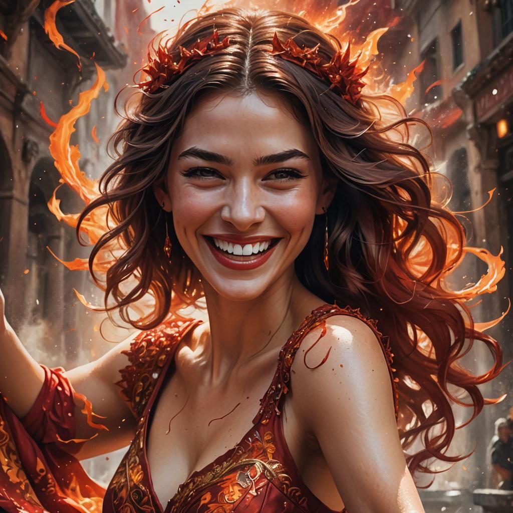 Fiery Woman Reaches Out with Sizzling Smile