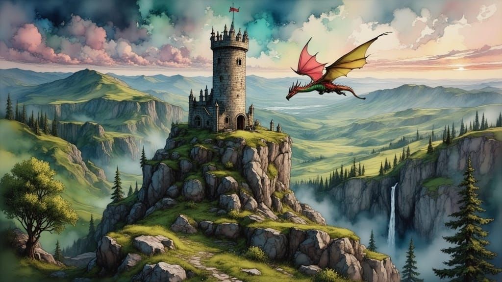 Regal Dragon Soars Over Majestic Castle in Lush Fantasy Land...