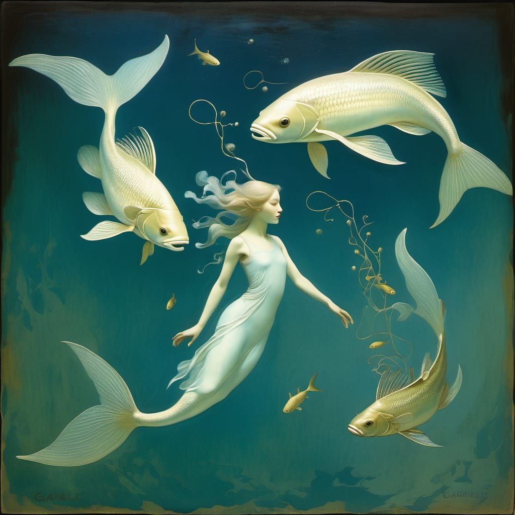 Vibrant Watercolor of a Young Girl in Pisces Constellation